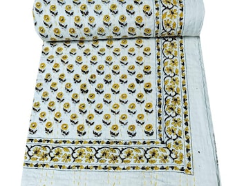 Indian Bedspread Kantha Quilt Twin Quilt Hand Block Print Quilt Indian Kantha Quilt Blanket Bedspread Twin Throw Cotton Quilt