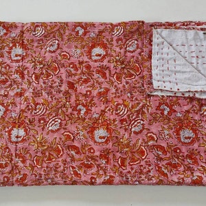 Hand block print kantha quilt indian kantha throw king size quilt cotton kantha bedspread blanket twin and queen size quilt