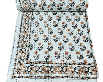 Hand Block Print White Quilt Cotton Kantha Quilt Kantha Throw Bedspread Blanket Boho Quilt Single Size Bed Cover Indian Kantha Quilts