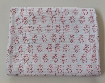 Indian Handmade Cotton Beautiful Block Print Quilt Kantha Quilt Queen Size Pink Bohemian Kantha Bedspread Throw Bed Cover Bedding