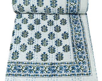 Cotton Kantha Quilt Indian Hand Block Print Quilt Twin Kantha Quilts Handmade Kantha Throw Bedspread Blanket Bed Cover Bedding Quilt