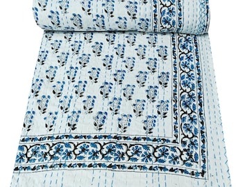 Hand Block Print White Quilt Cotton Kantha Quilt Kantha Throw Bedspread Blanket Boho Quilt Single Size Bed Cover Indian Kantha Quilts