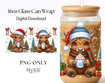 Highland Cow Christmas Wrap PNG, Libbey Glass Can Wrap, 16oz Wrap PNG, Christmas Cow Sublimation, cute highland cow PNG, Digital Download
