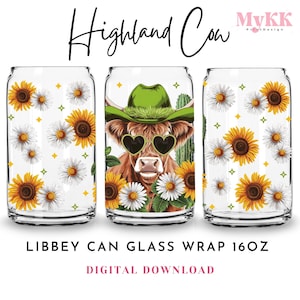 Sunflowers Highland Cow Libbey Glass Wrap, 16oz Libbey Wrap Sublimation Design Png, Glass Can Wrap, St. Patrick&#39;s Day Png, Design Download
