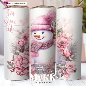 Christmas Pink Snowman and Flower 20oz Skinny Tumbler Sublimation Design, I’m Snow Cute, Pink Snowman Tumbler Wrap Png, Christmas Flowers