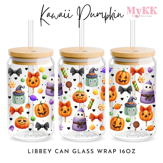 Kawaii Pumpkin Halloween Libbey Glass Wrap, 16oz Libbey Wrap Sublimation Design Png, Glass Can Wrap PNG, Cute Halloween Png, Design Download