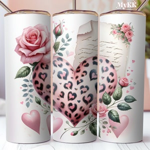 Envoltura para vaso con carta de amor, diseño de sublimación de vaso delgado de 20 oz, envoltura para vaso con forma de corazón y leopardo, vaso para el día de San Valentín, día de San Valentín retro