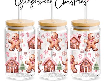Gingerbread Christmas libbey wrap, 16oz Libbey Wrap Sublimation Design Png, Glass Can Wrap PNG, Pink Gingerbread Glass Cup, Design Download