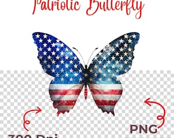 Imágenes prediseñadas de mariposas patrióticas, bandera estadounidense en formato PNG, diseño para sublimación del 4 de julio (descarga digital).