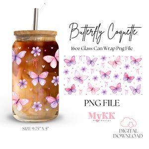 Butterfly Coquette Floral Libbey Glass Wrap, 16oz Libbey Wrap Sublimation Design Png, Glass Can Wrap PNG, Butterflies Png, Design Download