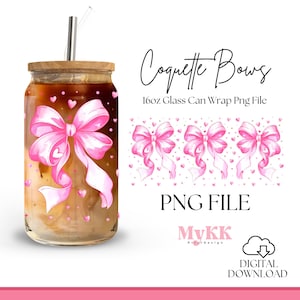 Pink Coquette Bows 16oz Libbey Glass Can Wrap, Pink Coquette Glass Can, Coquette Libbey Wrap Sublimation Design Png, Design Download