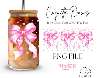 Pink Coquette Bows 16oz Libbey Glass Can Wrap, Pink Coquette Glass Can, Coquette Libbey Wrap Sublimation Design Png, Design Download