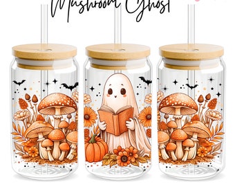 Mushroom Ghost Halloween Libbey Glass Wrap, 16oz Libbey Wrap Sublimation Design Png, Glass Can Wrap PNG, Fall Halloween Png, Design Download
