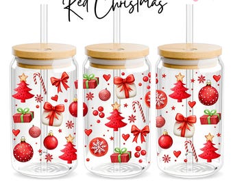 Red Christmas Libbey Glass Wrap, 16oz Libbey Wrap Sublimation Design Png, Glass Can Wrap PNG, Cute Christmas Glass Cup, Design Download