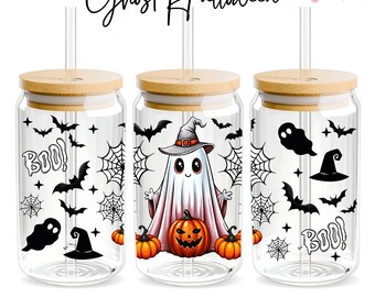 Spooky Ghost Libbey Glass Wrap, 16oz Libbey Wrap Sublimation Design Png, Glass Can Wrap, Halloween Glass Cup, Spider web, Design Download