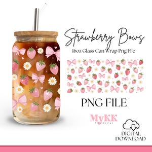 Strawberry Bows 16oz Libbey Glass Can Wrap, Strawberry coquette png, Glass Can, Spring Libbey Wrap Sublimation Design Png, Design Download