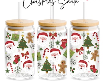 Libbey wrap kerstman, 16oz Libbey wrap sublimatie ontwerp png, glasblikje wrap png, glazen kerstbeker, kerst, ontwerp downloaden