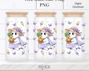 Ghost Summer Halloween 16oz Glass Can Wrap PNG, Spooky Summer Tumbler Sublimation, Spooky Summer Png, Summerween Ghost png, Instant Download