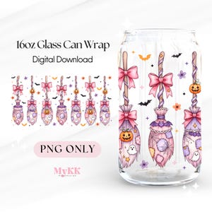 May include: A clear 16oz glass can wrap featuring a Halloween theme. The design includes illustrations of witch brooms with pink bows, jack-o'-lanterns, ghosts, and bats. The words "16oz Glass Can Wrap" and "Digital Download" are visible.