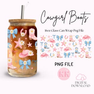 Coastal Cowgirl Libbey Glass Can Wrap, PNG Sublimation Design, 16oz Png, Cowgirl Boots, Boho Summer, Western Beach Boots, Design Download