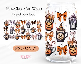 Halloween Coffee Glass Can Wrap PNG, 16oz Spooky Season Tumbler Wrap, Digital Download, Pumpkin Hot Cocoa Cup Design, Coquette Halloween PNG
