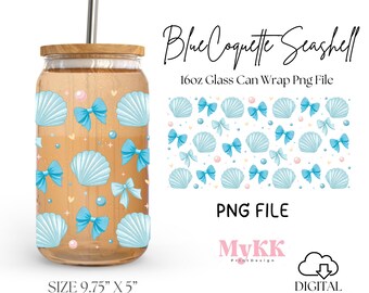 Blue Coquette Seashell PNG, 16oz Libbey Wrap Sublimation Design Png, Summer Beach, Coquette Coastal, Summer Vibes, Coquette, Design Download