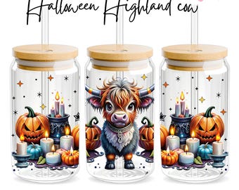 Halloween-glasfolie med höglandsko, Libbey-folie med sublimeringsdesign, 47 cl Libbey-folie, PNG för glasburk, PNG för de dödas dag, nedladdning av design