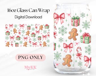 May include: A clear glass can wrap with a festive Christmas design. The wrap features gingerbread men, pink bows, green and pink wrapped gifts, candy canes, and snowflakes. The text "16oz Glass Can Wrap Digital Download" is displayed at the top.