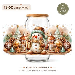 May include: A clear 16 oz Libbey glass can with a bamboo lid featuring a festive wrap design. The illustration includes a central snowman wearing a hat and scarf, surrounded by Christmas ornaments, pine cones, gift boxes, and evergreen trees.