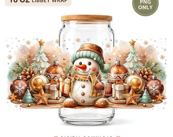 May include: A clear 16 oz Libbey glass can with a bamboo lid featuring a festive wrap design. The illustration includes a central snowman wearing a hat and scarf, surrounded by Christmas ornaments, pine cones, gift boxes, and evergreen trees.