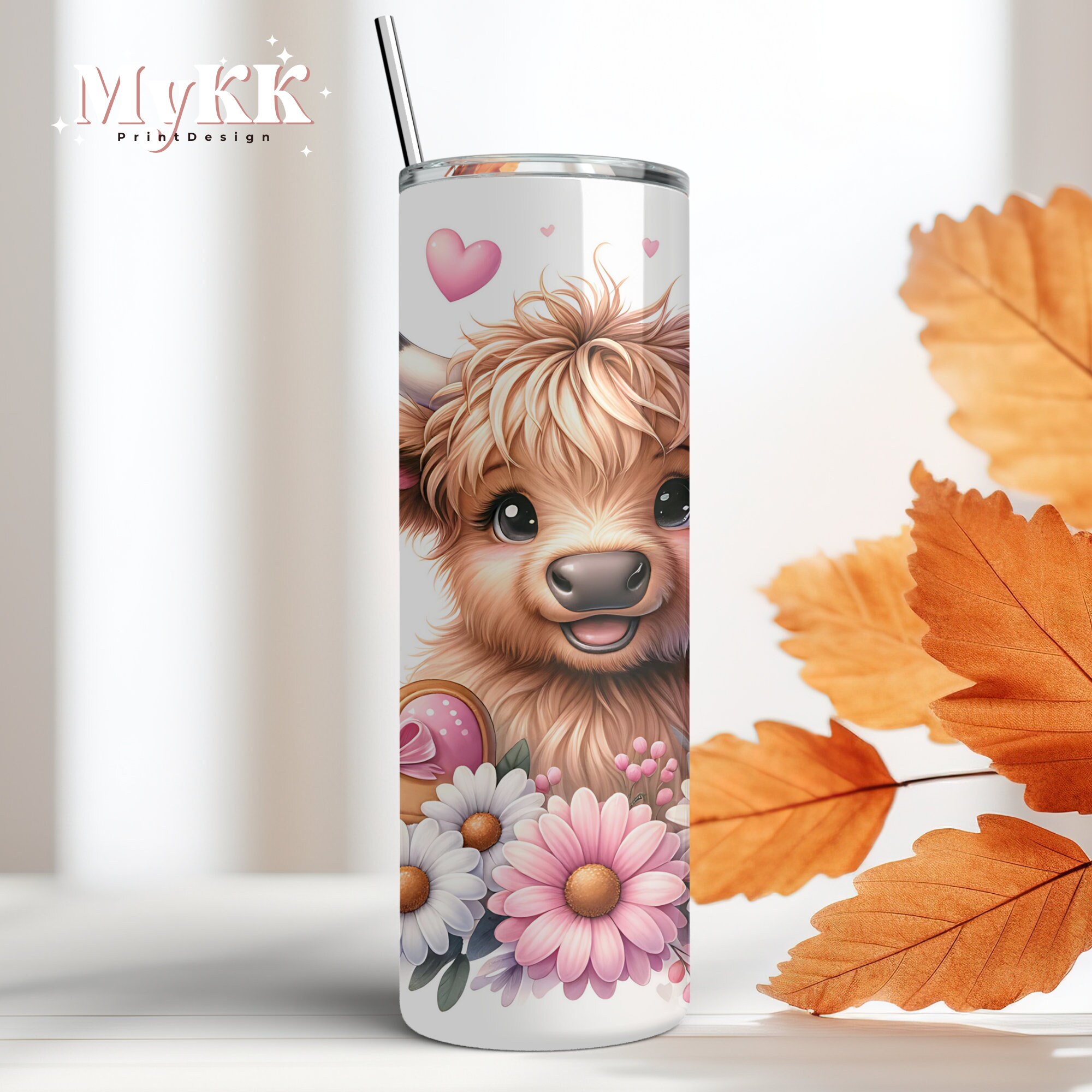 Cute Highland Cow Flower Tumbler Png 20 Oz Skinny Tumbler Sublimation ...