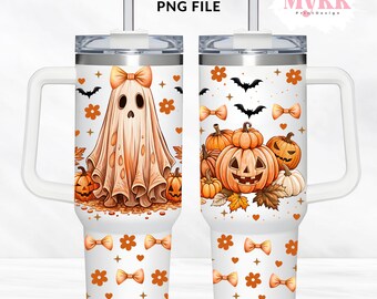 Envoltura de vaso de 40 oz, Coqueta de arcos fantasma, Diseño de sublimación de vaso de 40 oz Png, PNG de Halloween, Calabazas fantasma, Png de otoño de Halloween, SOLO DIGITAL