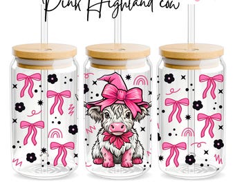 Rosa höglandsko-kokett Libbey-glasfolie, 16oz Libbey-folie sublimeringsdesign png, glasburkfolie png, Halloween-png, design nedladdning