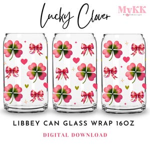 Clover Coquette Bows Png, St Patricks Day Png, 16oz Libbey glass, Lucky Clover Png, Shamrock Wrap Png, Clover Leaf Png, Digital Download