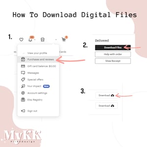 Puede incluir: Una captura de pantalla de una pantalla de ordenador que muestra c&oacute;mo descargar archivos digitales en Etsy. Los pasos est&aacute;n numerados del 1 al 3. El paso 1 muestra c&oacute;mo encontrar tus compras y rese&ntilde;as. El paso 2 muestra c&oacute;mo descargar archivos despu&eacute;s de que se entregue un pedido. El paso 3 muestra c&oacute;mo descargar archivos de tus compras.