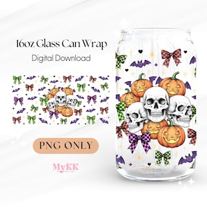 Halloween Skull & Pumpkin Glass Can Wrap PNG | 16oz Halloween Tumbler PNG Sublimation Design | Halloween Coquette PNG | Digital Download