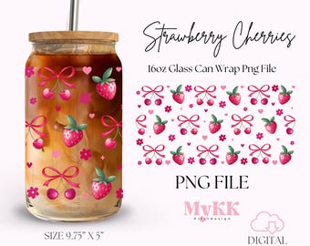 Envoltura de vidrio Libbey de 16 oz con fresas y cerezas Coquette, lata de vidrio con cerezas, diseño de sublimación de envoltura de fresa Libbey PNG, descarga de diseño
