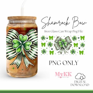 Shamrock Coquette Bow Can Glass Png, 16oz Libbey glass Png, Clover Lucky Bow Png, Coquette Bow Png, Coquette Patrick&#39;s Day, Digital Download