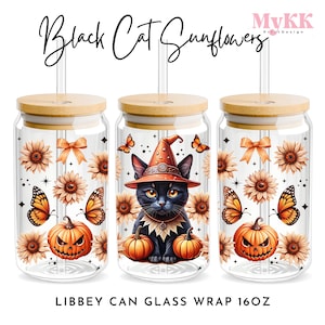 Black Cat Sunflower Libbey Glass Wrap, 16oz Libbey Wrap Sublimation Design Png, Glass Can Wrap PNG, Sunflower Glass Cup, Design Download