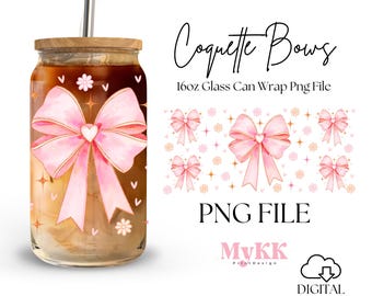 Coquette Bows Glitter 16oz Libbey Glass Can Wrap, Coquette Glass Can, Pink Bow, Coquette Libbey Wrap Sublimation Design Png, Design Download