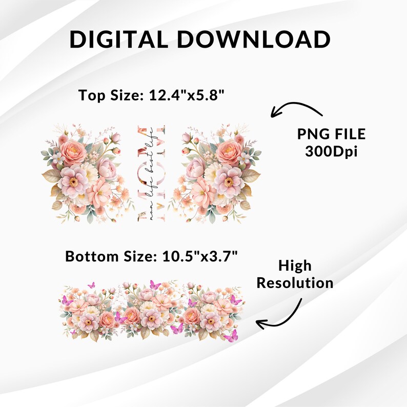 Puede incluir: Descarga digital de dos dise&ntilde;os florales en rosa, blanco y verde. El dise&ntilde;o superior mide 12,4 pulgadas por 5,8 pulgadas y presenta un ramo de flores con el texto "now life's best life". El dise&ntilde;o inferior mide 10,5 pulgadas por 3,7 pulgadas y presenta un borde floral con mariposas.
