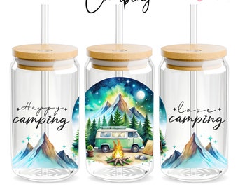 Camping Libbey Glass Can Wrap, 16oz Libbey Wrap Sublimation Design Png, Glass Can Wrap PNG, Happy Camper Glass Can Wrap, Design Download