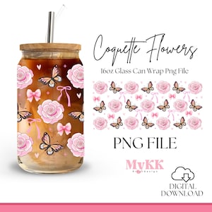 Coquette Flowers 16oz Libbey Glass Can Wrap, Coquette Bow Glass Can Cup, Butterfly Libbey Wrap Sublimation Design Png, Design Download