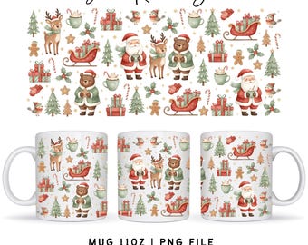 Santa Reindeer Bear Mug Wrap Sublimation Designs 11oz, Coffee Mug Wrap PNG, Christmas Coffee Cup, Retro Christmas Mug png, Digital Download