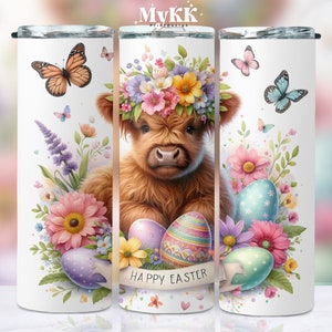 Easter Highland Cow Floral Tumbler, 20oz Skinny Tumbler Wrap Png, Easter Tumbler Png, Highland Cow Tumbler, Easter Png, Digital Download