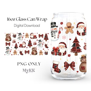 Puede incluir: Un envoltorio de lata de vidrio transparente con un diseño navideño. El envoltorio incluye ilustraciones de muñecos de nieve, Papá Noel, hombres de jengibre, árboles de Navidad, lazos y calcetines. También está presente el texto "16oz Glass Can Wrap Digital Download".