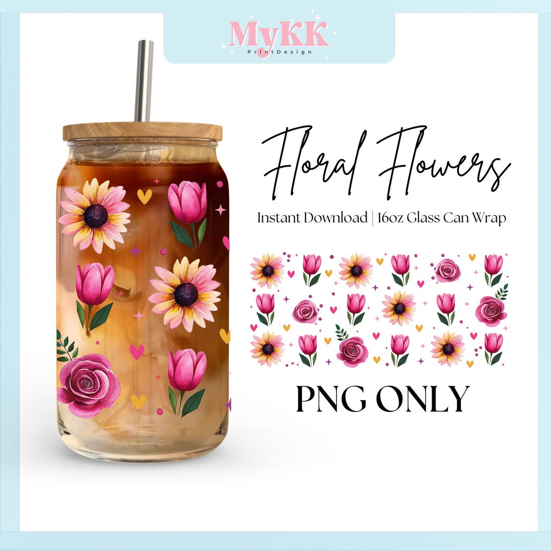 Floral Flowers Libbey Glass Wrap, 16oz Libbey Wrap Sublimation Design ...