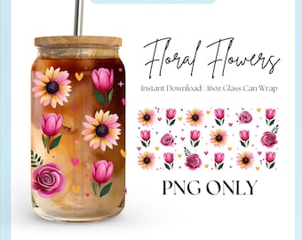Floral Flowers Libbey Glass Wrap, 16oz Libbey Wrap Sublimation Design Png, Glass Can Wrap PNG, Sunflower Glass Can Wrap, Design Download
