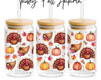 Thanksgiving Turkey Libbey Glass Wrap, 16oz Libbey Wrap Sublimation Design Png, Glass Can Wrap PNG, Fall Pumpkin Glass Cup, Digital download