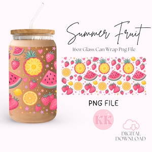 May include: A 16oz glass can wrap design featuring a summer fruit theme. The design includes watermelon, pineapple, lemons, and strawberries on a pink background with white stars. The text "Summer Fruit" is at the top of the design and "PNG File" is at the bottom.